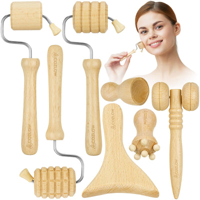 COZLOW Wood Therapy Facial Massage Tools (7 Piece Set), Gua Sha Wooden Face Massager Kit for Face Lifting, Lymphatic Drainage, Skin Care & Anti-Aging