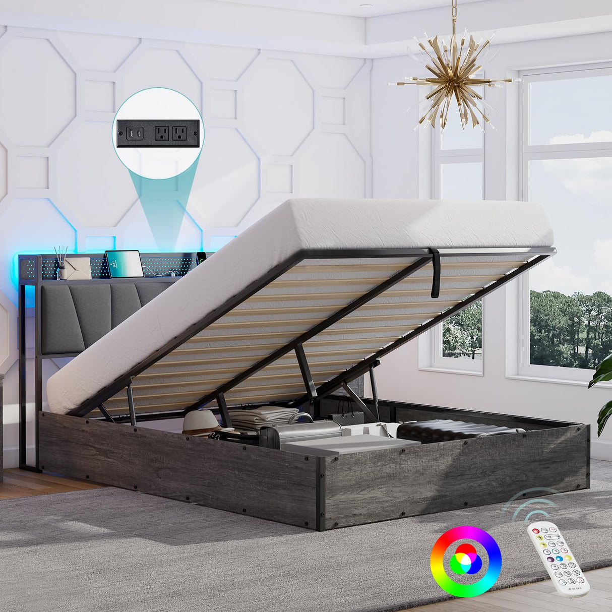 LUXOAK Queen Size Lift Up Storage Bed Frame with RGB LED Lights and Charging Station in Rustic Grey LUXOAK