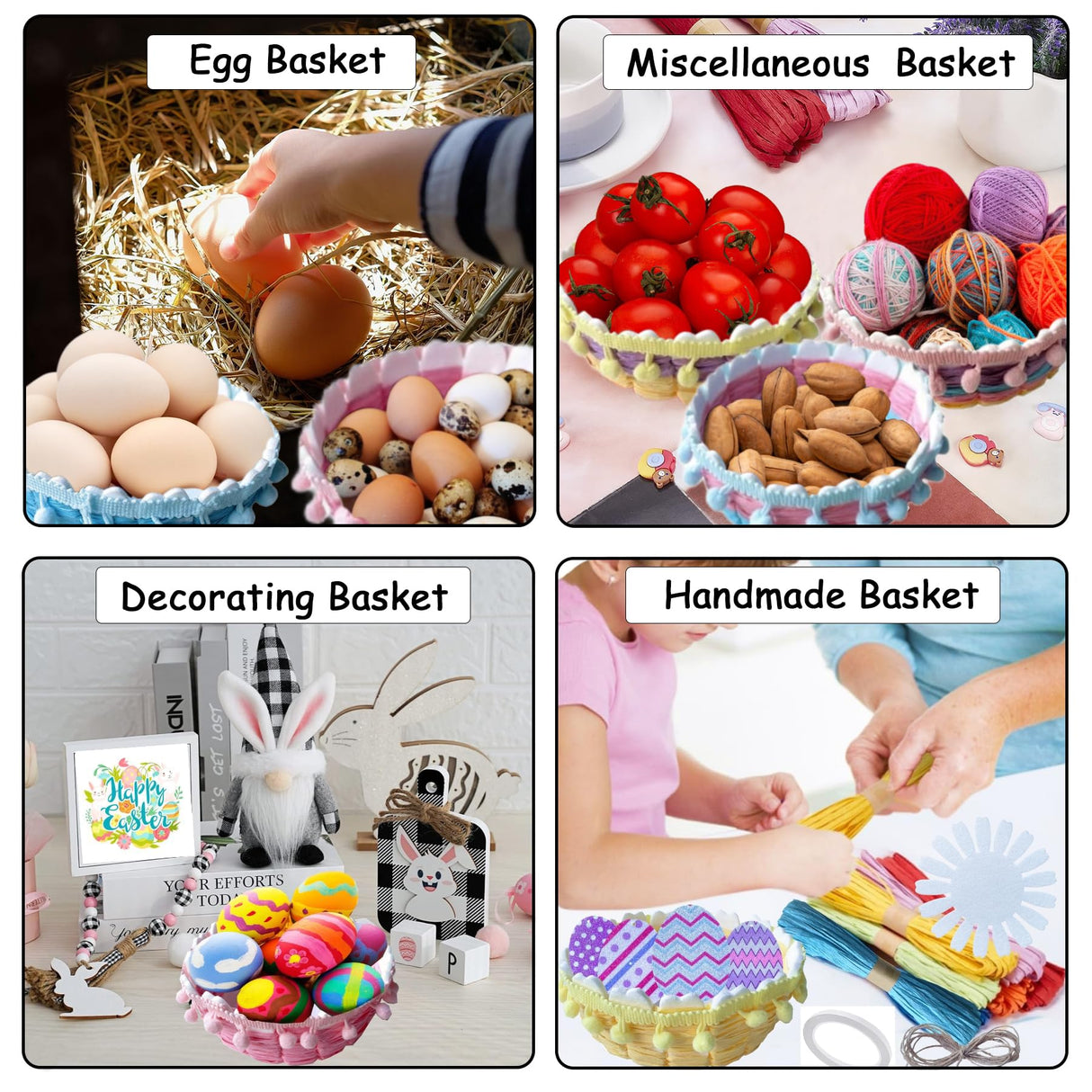 AOUXSEEM 8 Sets Cute Basket Weaving DIY Making Kits for Beginners, Colorful Raffia Ribbons Woven Storage Basket Bowls with Pom Poms Trim Tassel for Eggs AOUXSEEM