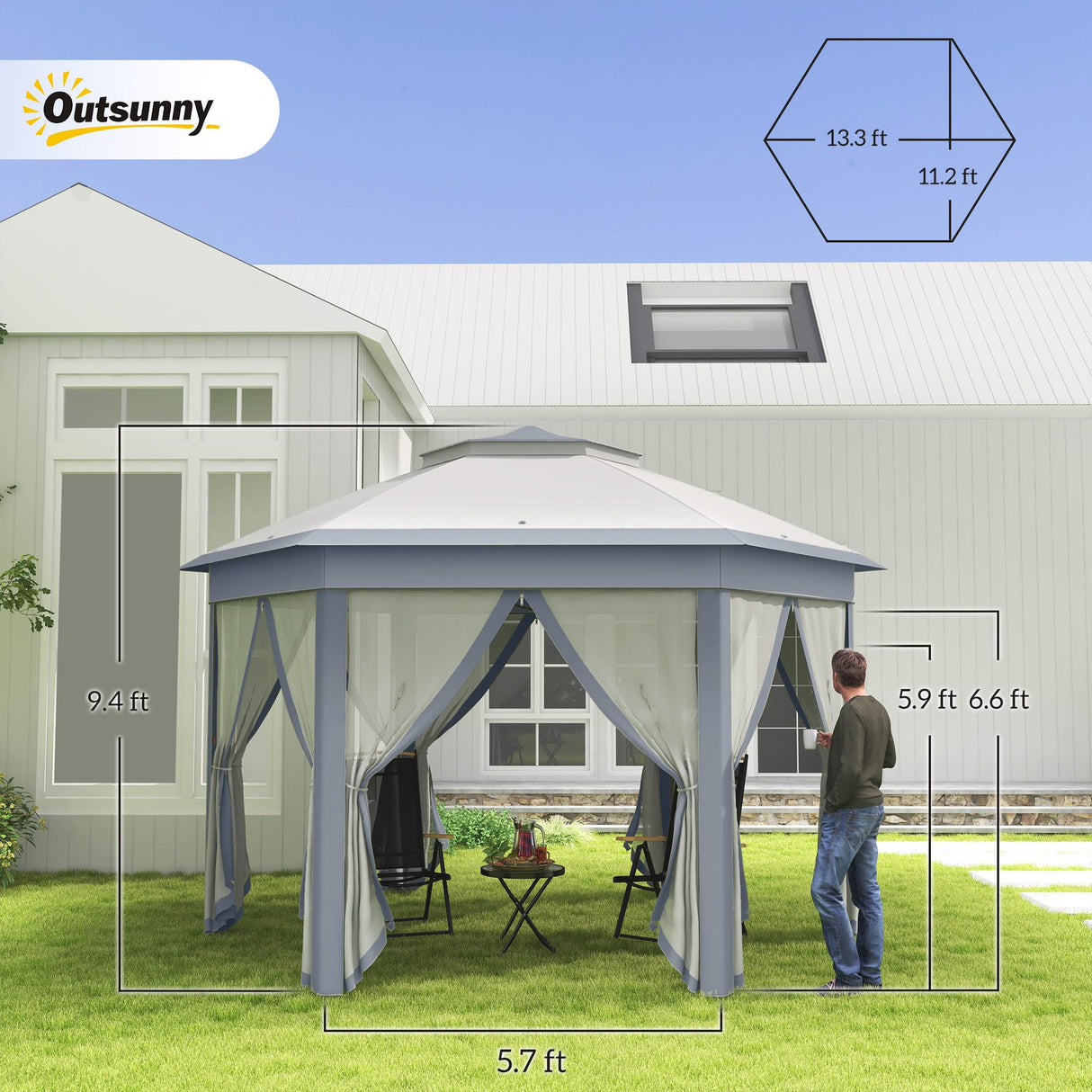 Outsunny 13' x 13' Pop Up Gazebo, Hexagonal Canopy Shelter with 6 Zippered Mesh Netting, Event Tent with Strong Steel Frame for Patio Backyard Garden Wedding Party, Gray Outsunny