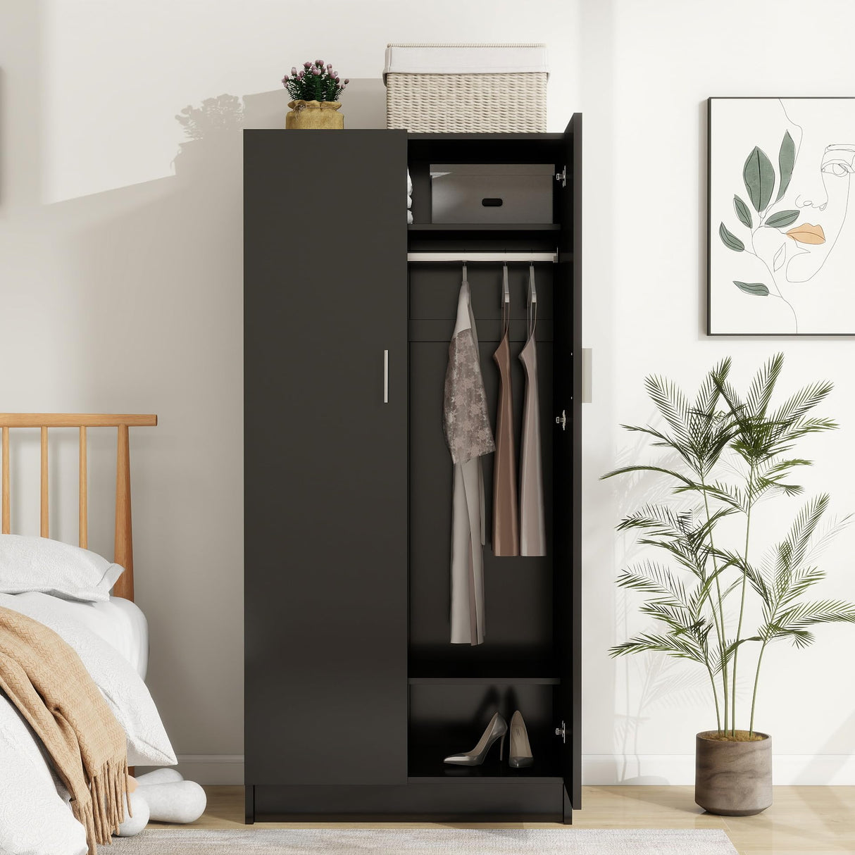 Panana 2 Door Wood Wardrobe Cabinet Closet with Hanging Rail and 2 Shelves, Bedroom Armoire for Storage (Black) Panana