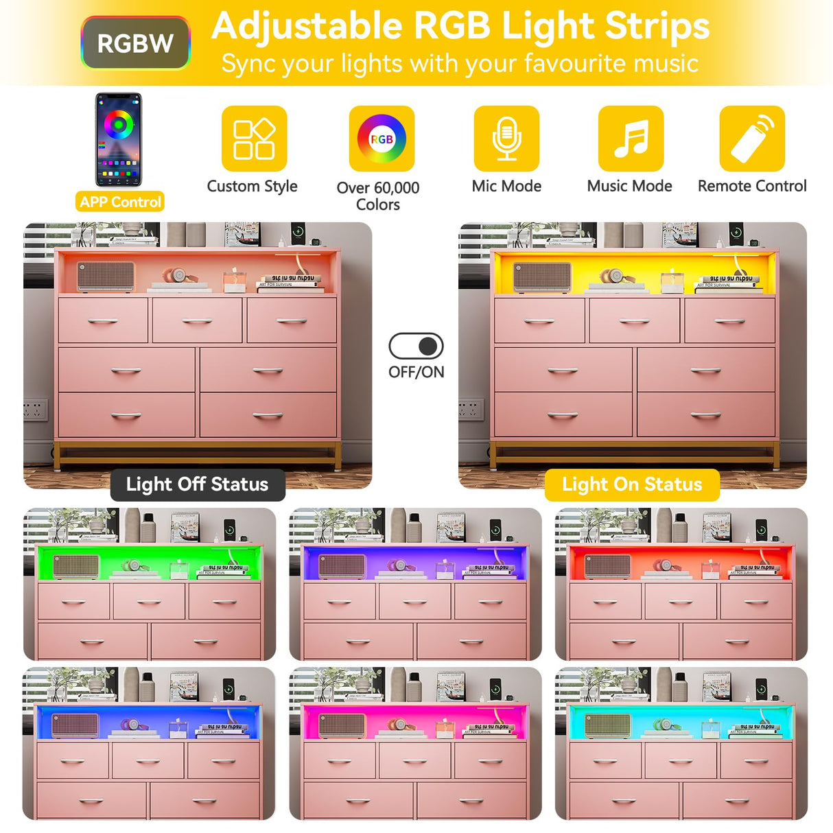 Pink Dresser for Bedroom, Modern 7 Drawers Long Dresser with Charging Station and LED Lights Design, Wooden Large Capacity Storage Chest of Drawers, Wide Dresser for Living Room, Hallway Patikuin