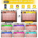 Pink Dresser for Bedroom, Modern 7 Drawers Long Dresser with Charging Station and LED Lights Design, Wooden Large Capacity Storage Chest of Drawers, Wide Dresser for Living Room, Hallway Patikuin