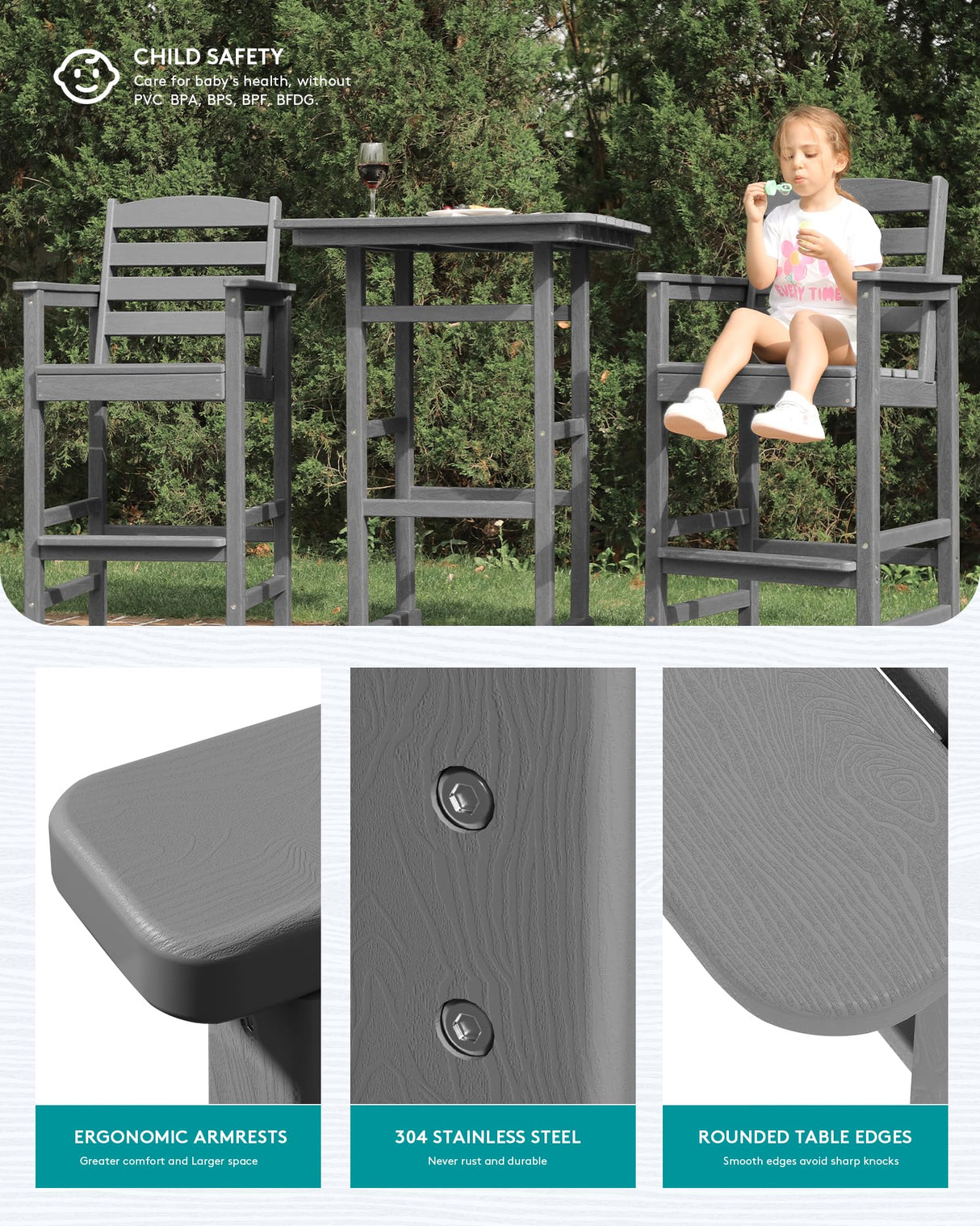 SERWALL Balcony Adirondack Chairs and Table 3 Pieces Set, Adirondack Bar Height Chairs Set of 2 and Bar Table, Outdoor Bar Stools Set, Gray SERWALL