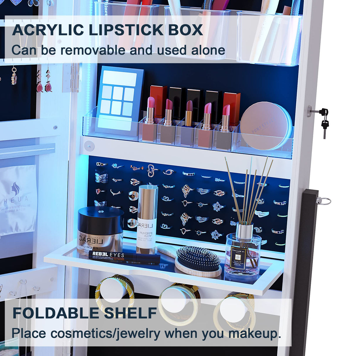 jajov 47.2" LED Jewelry Cabinet Armoire, Standing Mirror with Jewelry Storage, Jewelry Organizer Armoire with Full Length Mirror, Lockable Jewelry Mirror Cabinet (White) jajov