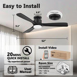 52 Inch Smart Low Profile Ceiling Fan,Solid Wood Ceiling Fan with Lights Remote,Outdoor Indoor Flush Mount,WIFI Alexa App Control,Quiet DC Motor,Dimmable,Modern Ceiling Fan for Bedroom Patio,Black Lorpies