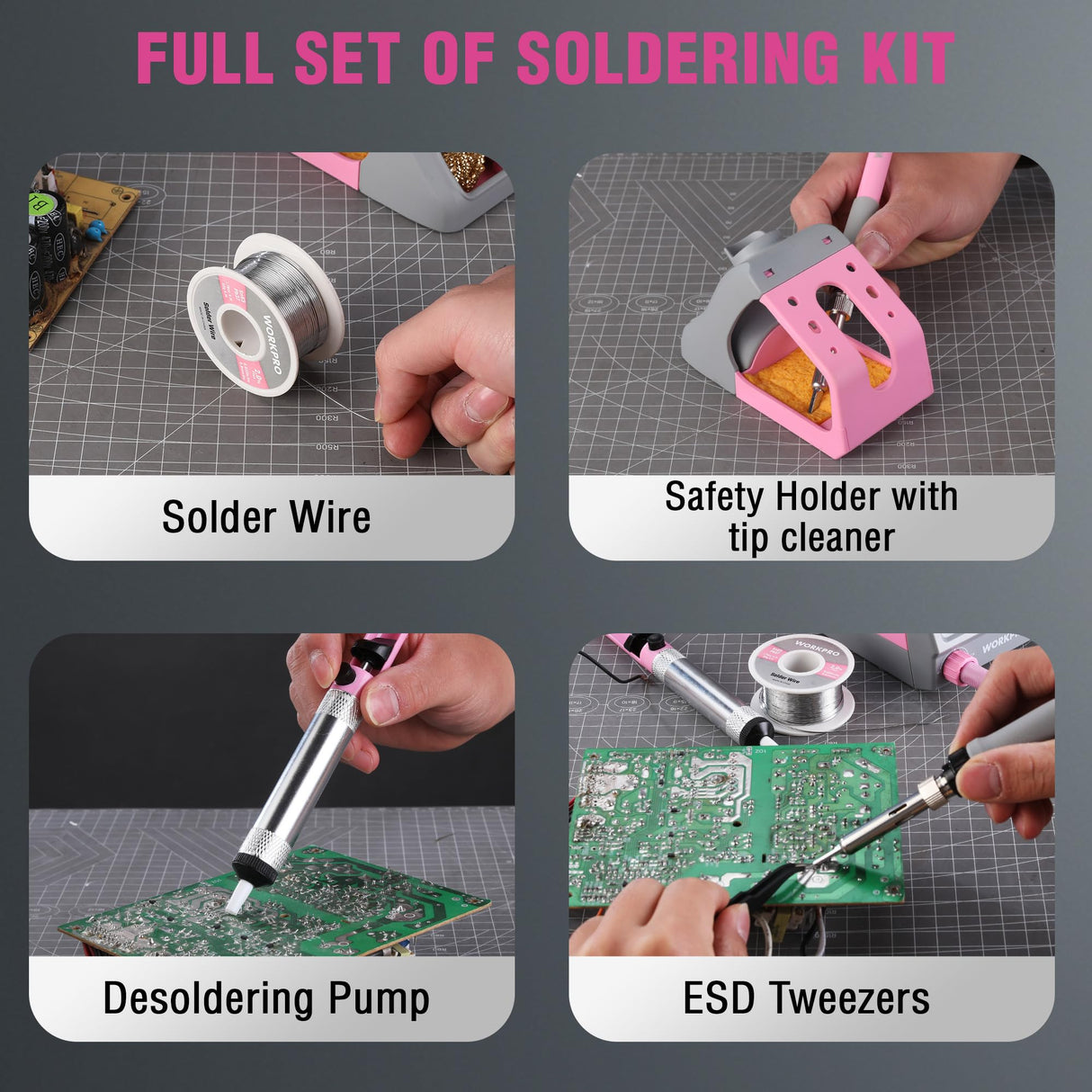 WORKPRO Soldering Station, 60W Soldering Iron Kit Digital Display, 5 Extra Iron Tips, Precision Temperature Control Solder Station for Electronic Repair, DIY Enthusiasts - Pink Ribbon WORKPRO