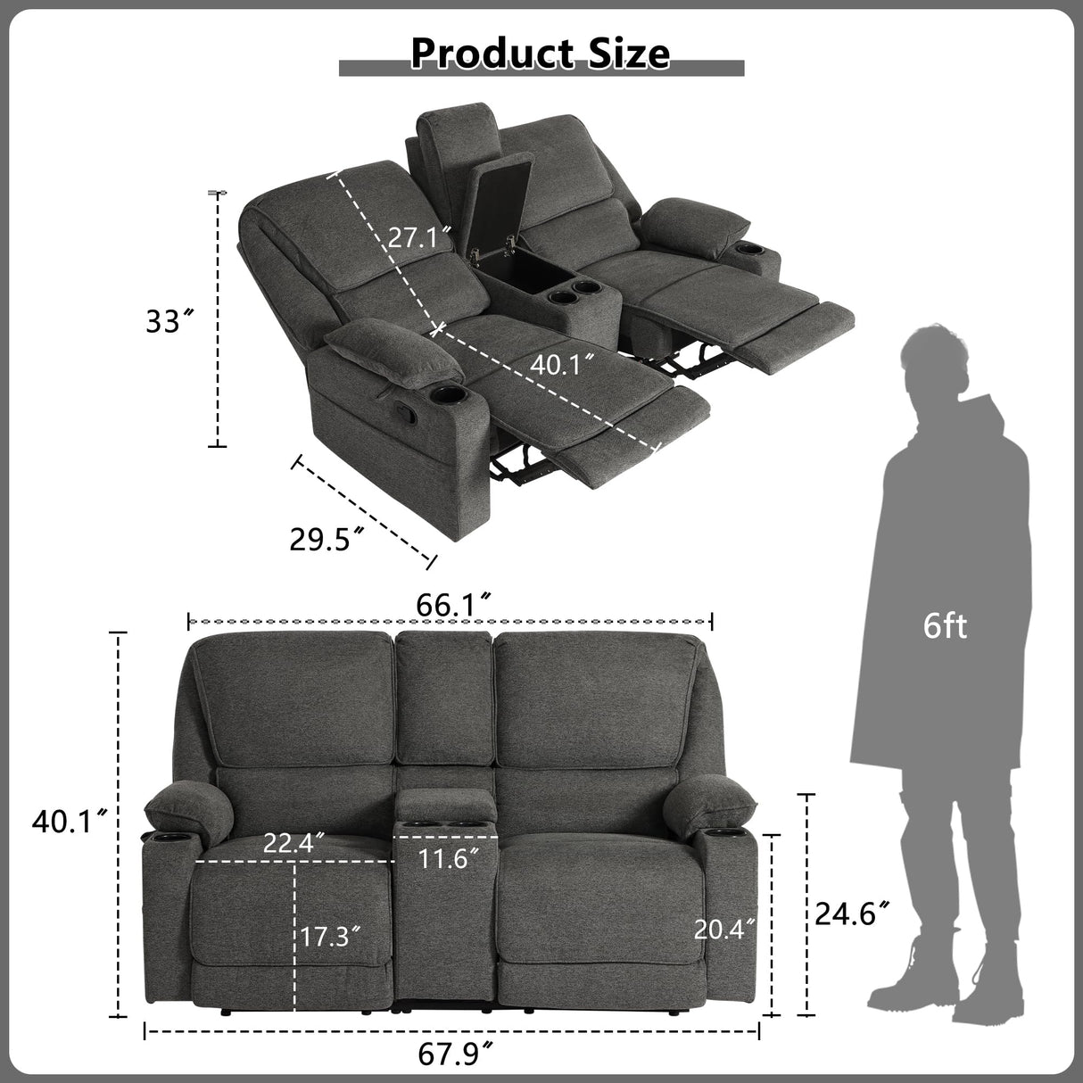 YOCONYO Loveseat Recliner, RV Reclining Loveseat, Home Theater Seating, Manual Loveseat with Console, 4 Cup Holders, 2-Seater Recliner Sofa, RV Furniture for Travel Trailers, Livingroom (Dark Grey) YOCONYO