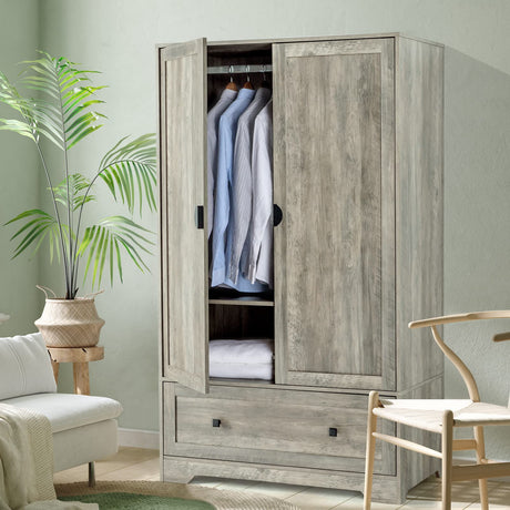 VINGLI Wide Armoire Wardrobe Closet with Hanging Rod, Adjustable Shelves and Drawer, Freestanding Wardrobe Closet with Doors, Bedroom Armoires and Wardrobes, Rustic Grey VINGLI