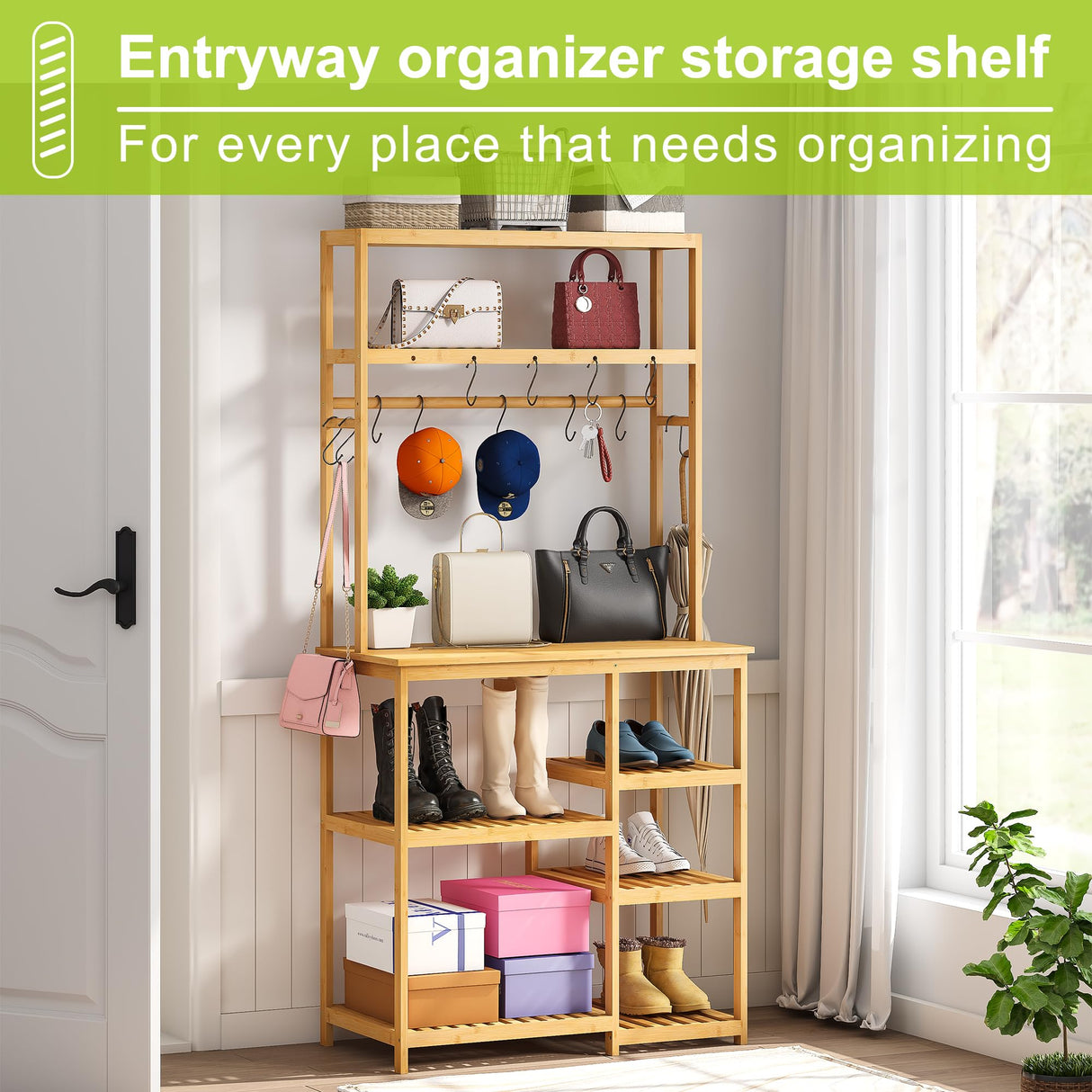 BMOSU Bamboo Bakers Rack for Kitchen Open Storage Shelves & Coffee Bar Table - Microwave Stand with 12 S-Shaped Hooks BMOSU