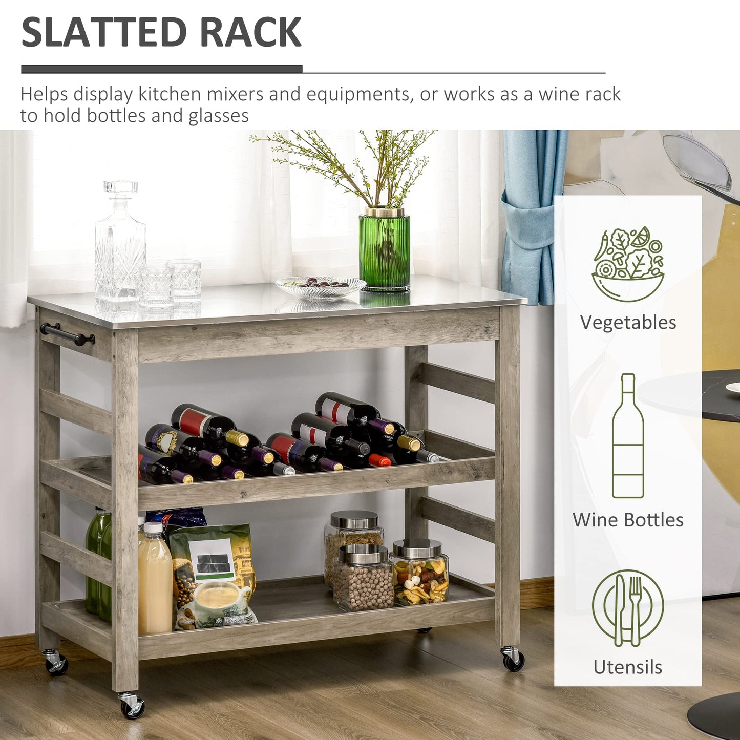 HOMCOM Rolling Kitchen Cart with Stainless Steel Countertop, 1 Bottom Shelf, 1 Slotted Middle Shelf and 4 Castor Wheels, Grey