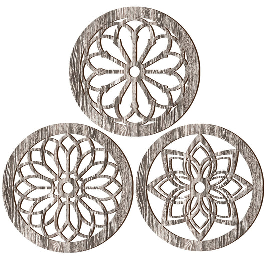 Blulu 3 Pcs Wood Decor for Wall Decorations for Living Room Wood Wall Art Thickened Farmhouse Wall Decor Flower Carved Wall Art Country Kitchen Wall Decor for Home Decor(Light Brown, Round)