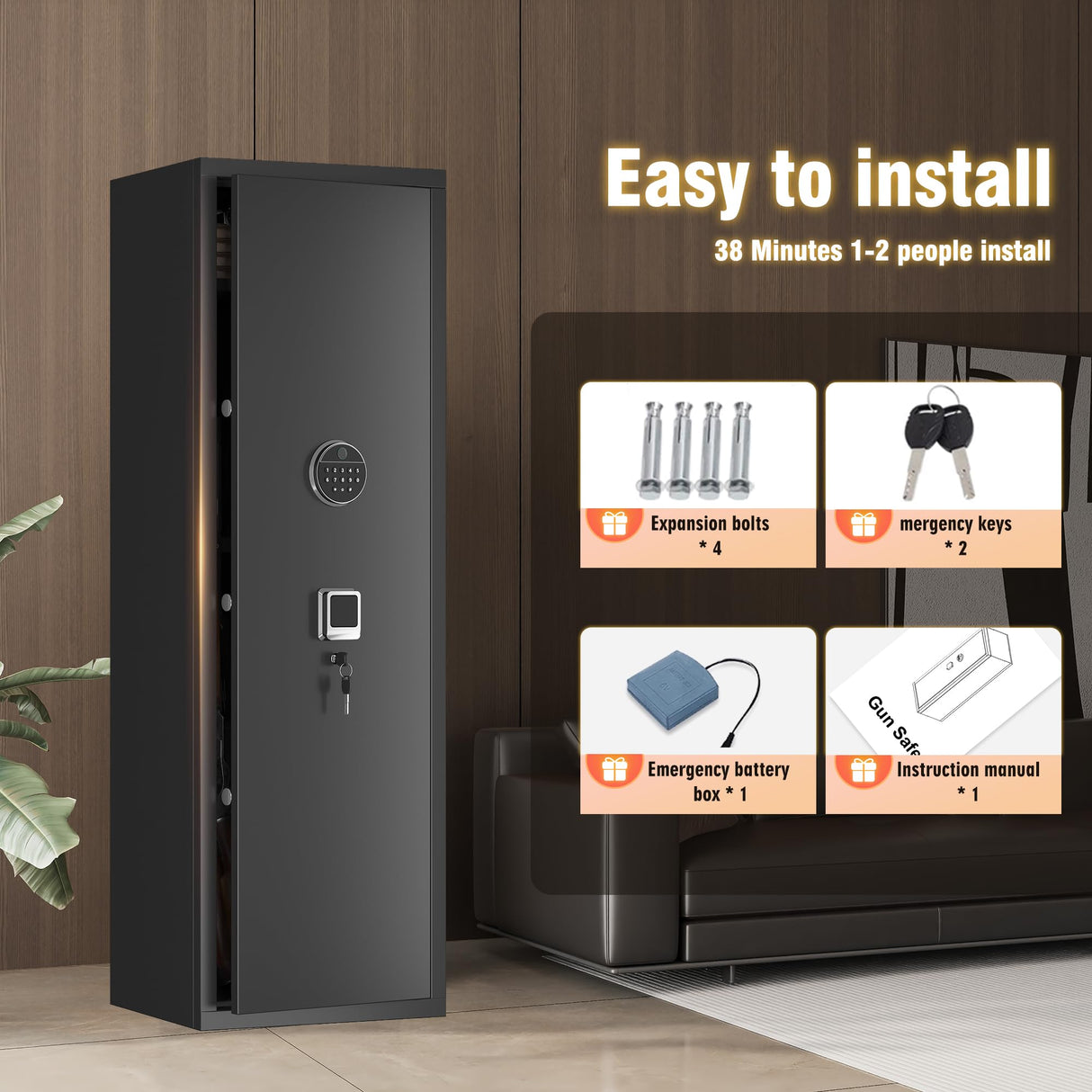 10-14 Biometric Gun Safe Rifle, Large Gun Safes for Home Rifles Pistols and Shotguns, Long Gun Storage Safe, Quick Access Fingerprint Gun Cabinet with Adjustable Rack & Removable Shelf & LED Light Metallitrend