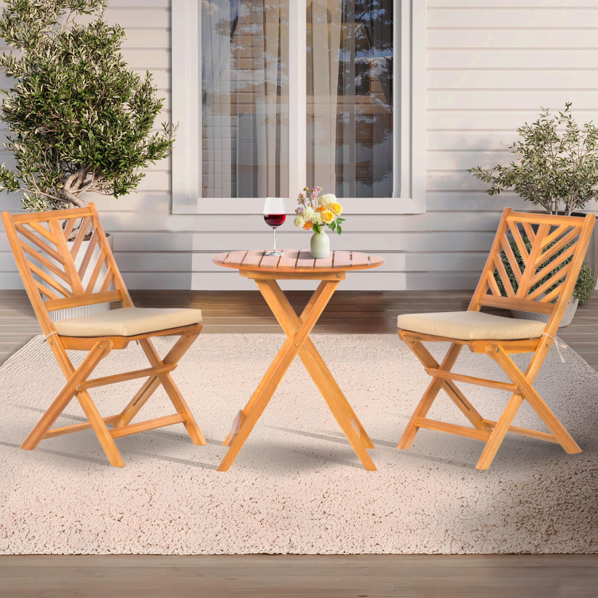 Werph 3-Piece Acacia Wood Patio Set, Foldable Bistro Table and Chairs Set of 2,Small Patio Furniture Set with Cushions,Folding Balcony Chairs Table Set for Apartment, Balcony, Deck or Porch Werph