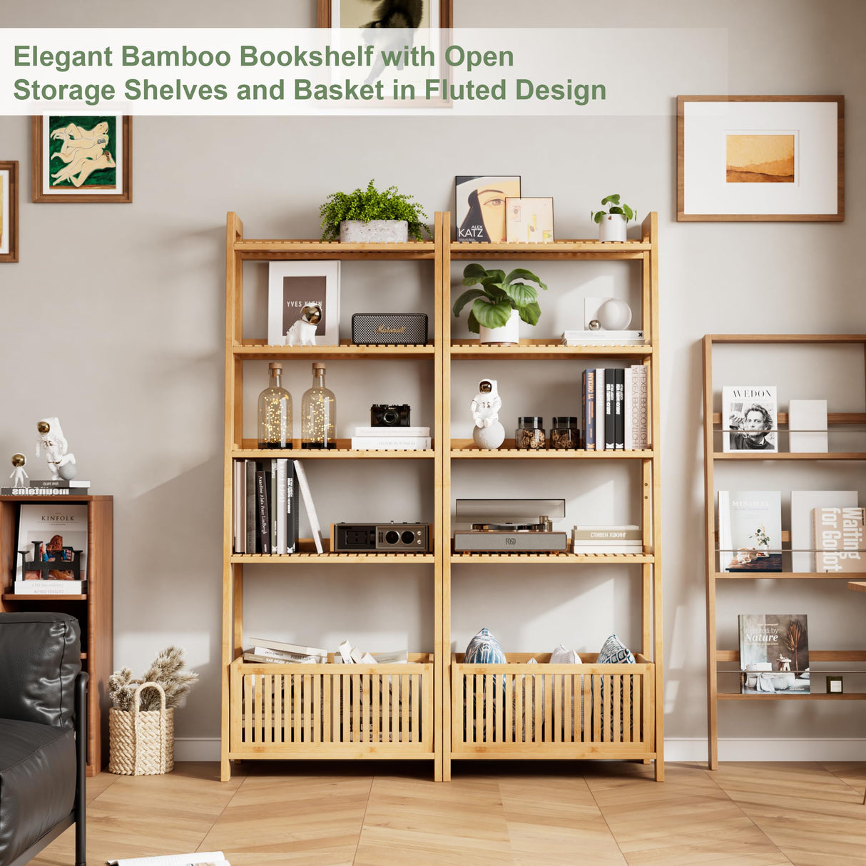 Bamjoy Bamboo Ladder Shelf, Bookshelf with 4 Display Shelves and 1 Open Storage Basket, Multifunctional Storage Rack Organizer for Home Office, Bedroom, Living Room, 66” H Natural Bamjoy