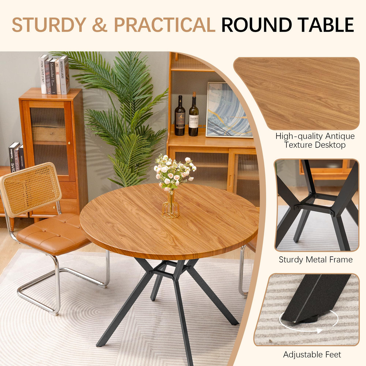 Recaceik 39" Walnut Round Dining Table for 4-6 People with Square Metal Base Recaceik