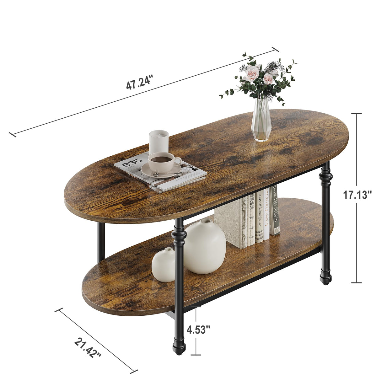 GarveeHome Oval Coffee Brown Table Unique Tea Table 47.2" Cocktail Table Low Storage Coffee Table 2 Tier Vintage Center Table for Living Room Office Rustic Mid Century GarveeHome