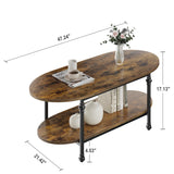 GarveeHome Oval Coffee Brown Table Unique Tea Table 47.2" Cocktail Table Low Storage Coffee Table 2 Tier Vintage Center Table for Living Room Office Rustic Mid Century GarveeHome