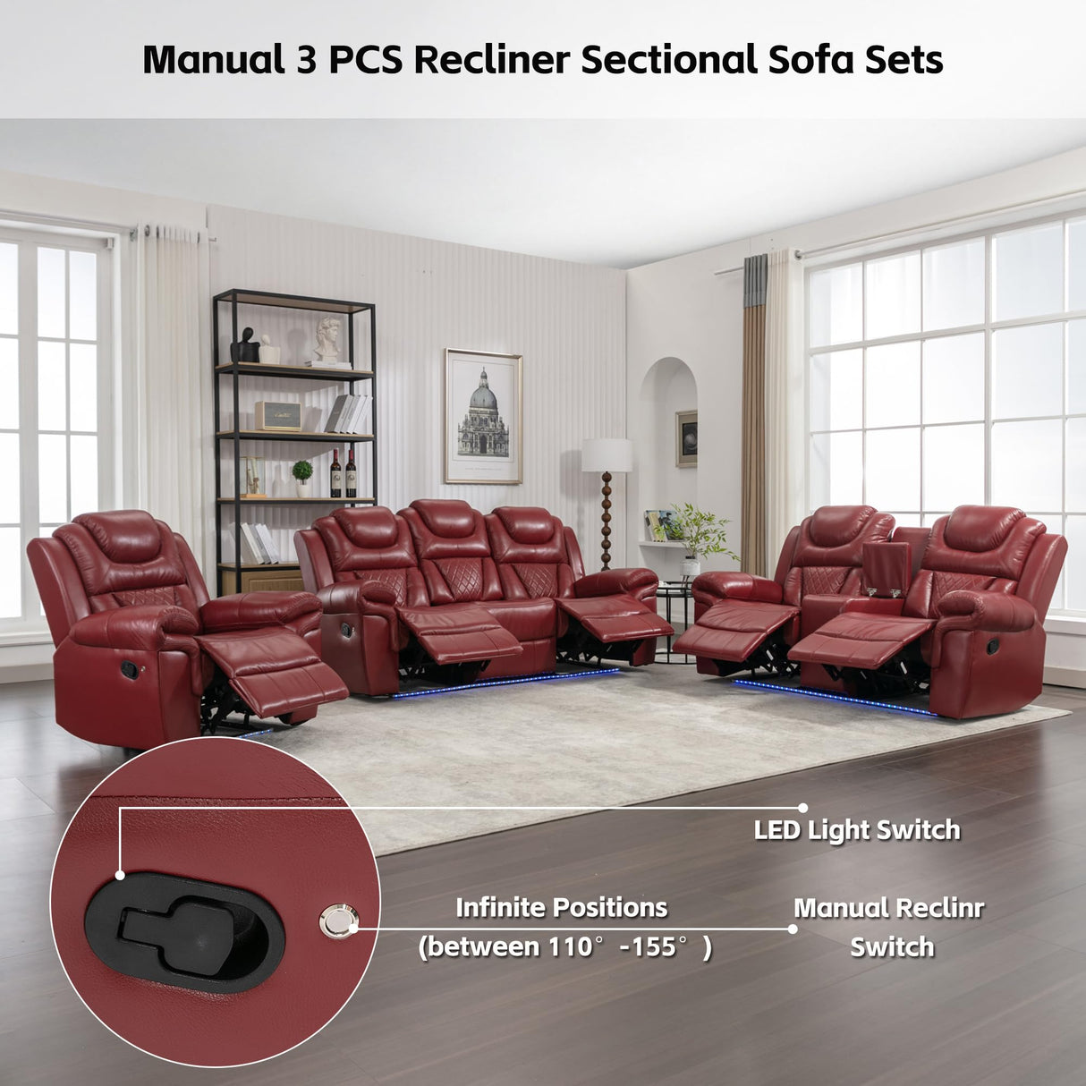 Olodumare 3 Pieces Living Room Furniture Sets,Recliner Leather Sectional Sofa, Home Theater Seating Manual Recliner with Center Console and LED Light Strip for Living Room, Office.Wine Red（3+2+1 Olodumare