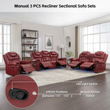 Olodumare 3 Pieces Living Room Furniture Sets,Recliner Leather Sectional Sofa, Home Theater Seating Manual Recliner with Center Console and LED Light Strip for Living Room, Office.Wine Red（3+2+1 Olodumare