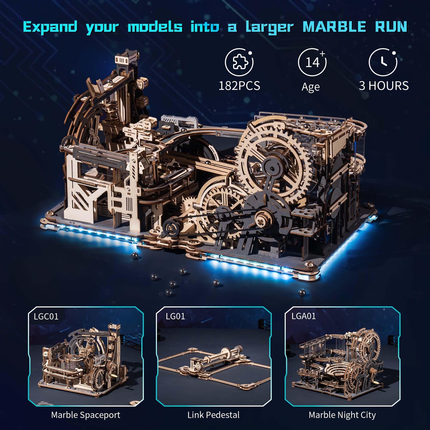 ROBOTIME 3D Wooden Puzzles for Adults Marble Run Link Pack LG01 - Marble Spaceport LGC01 + Marble Night City LGA01 Connector Kit