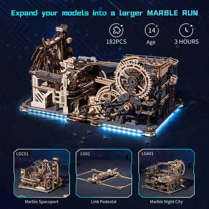 ROBOTIME 3D Wooden Puzzles for Adults Marble Run Link Pack LG01 - Marble Spaceport LGC01 + Marble Night City LGA01 Connector Kit