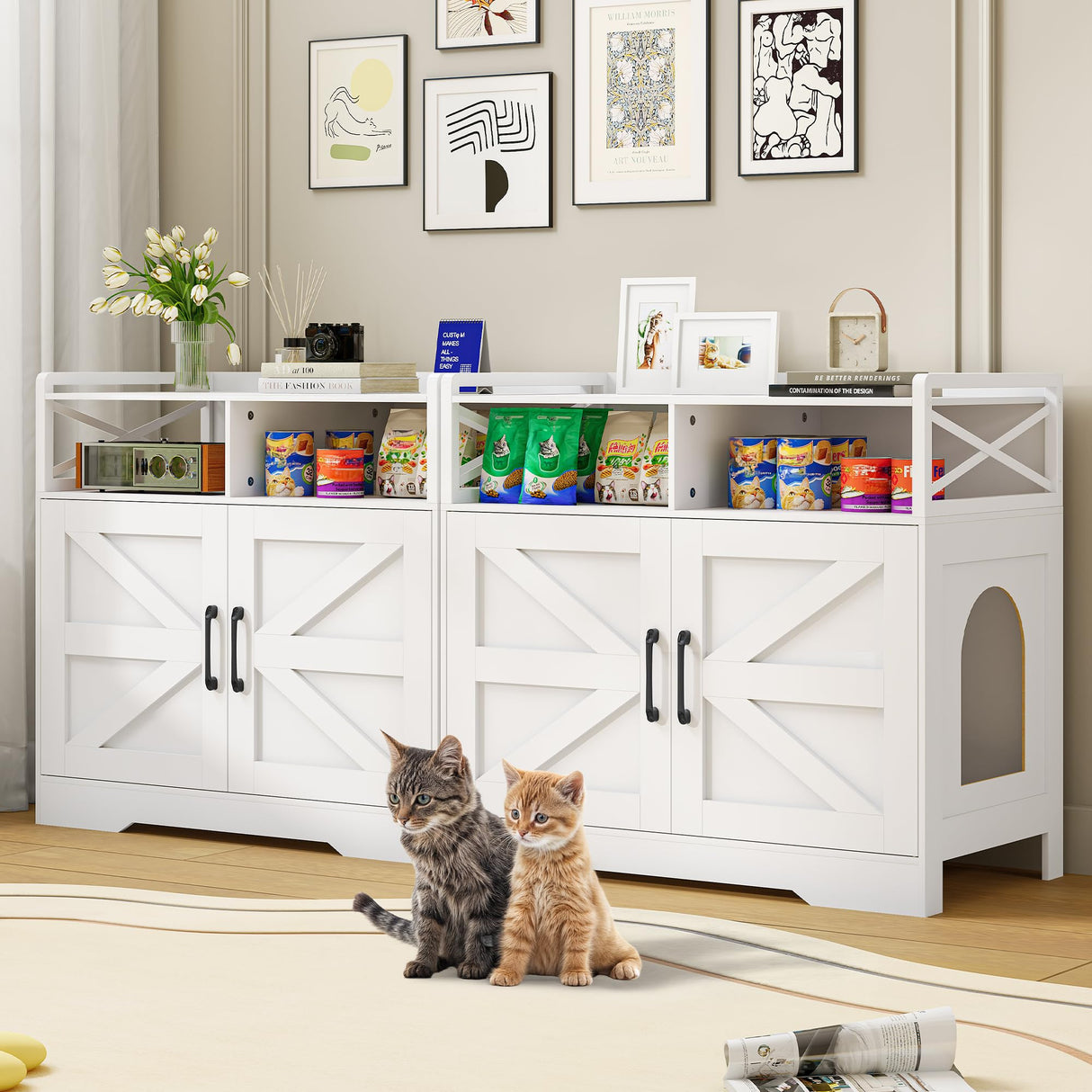 OtterOasis Cat Litter Box Enclosure, Ultra-Large Hidden Litter Box Furniture with Top Opening, Anti-Tipping Fence and 2 Open Drawers, Litter Box Cabinet End Table, White OtterOasis