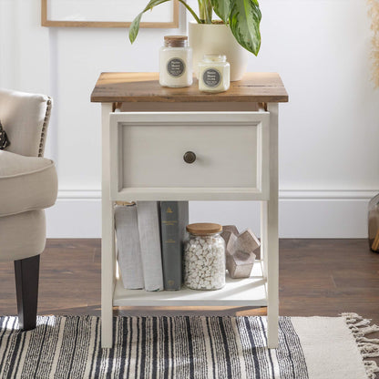 Walker Edison Natalee Modern Farmhouse 1 Drawer Wood Square Side Table Living Room Small End Accent Table, 19 Inch, Rustic Oak and White - WoodArtSupply