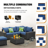 JOYURE 6 Pieces Patio Furniture Set All-Weather Outdoor Wicker Sectional Conversation Sofa Rattan Patio Seating Sofa with Cushion and Glass Table for Porch Poolside,Navy JOYURE