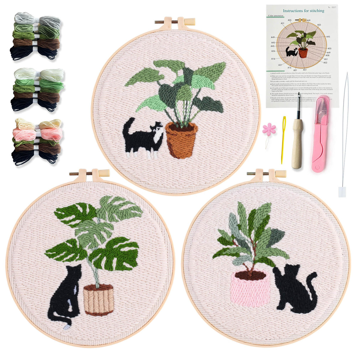 Myfelicity Punch Needle Kit for Adults, Beginners, Kids, Cat and Greenery Patterns, Includes Punching Needle Supplies Myfelicity