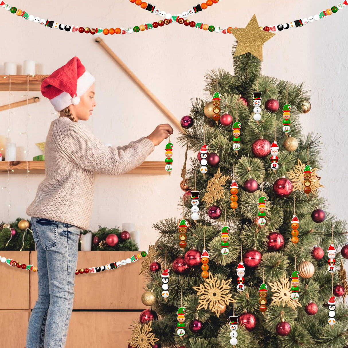 Cinnvoice 240 Pcs Christmas Wood Beads with Twine Santa Gingerbread Man Penguin Snowman Elf Wooden Beads Garland Christmas DIY Crafts Round for Xmas Winter Party Farmhouse Home Decor Cinnvoice