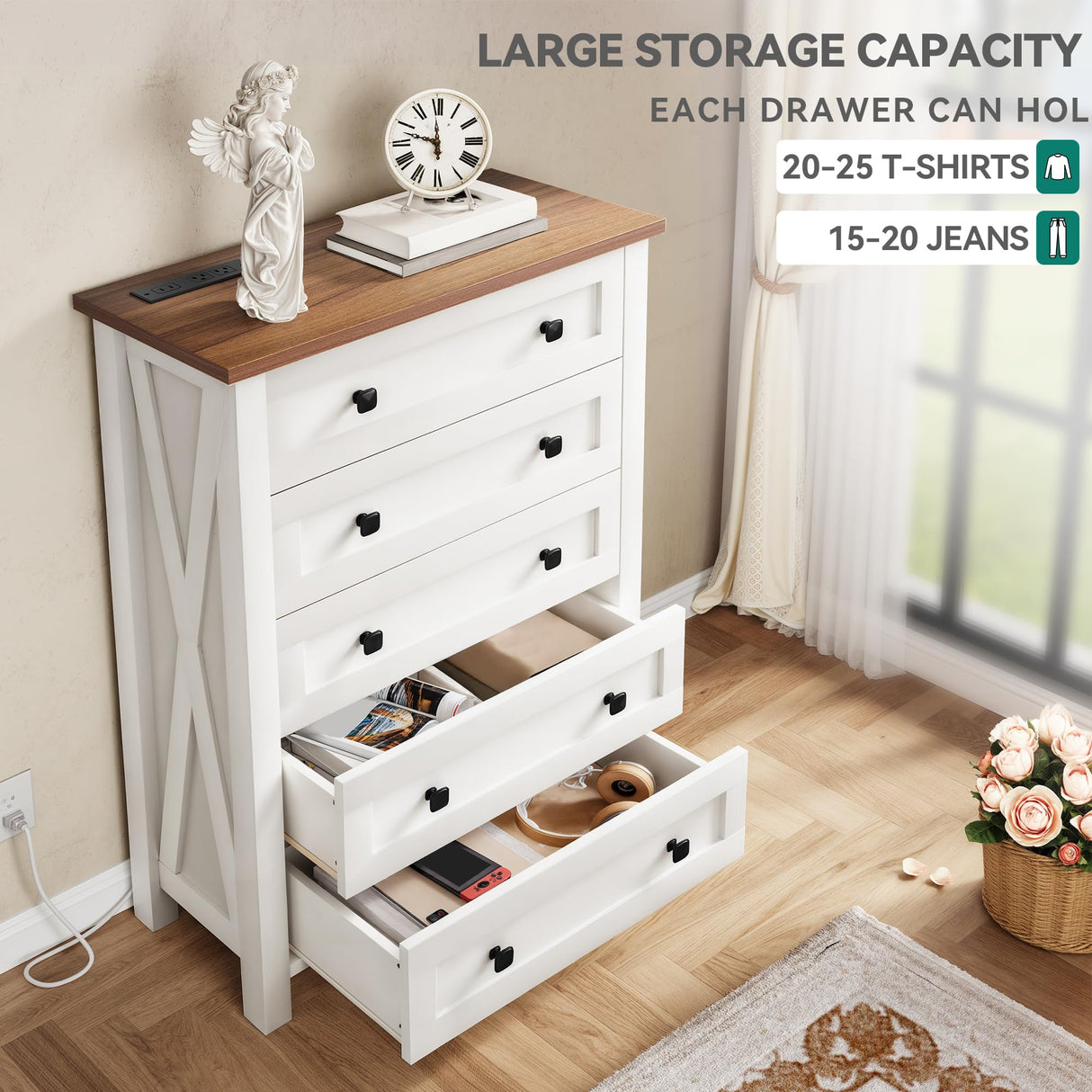 YITAHOME Farmhouse 5 Drawer Dresser for Bedroom with Power Outlets, Modern Tall Nightstand with Deep Drawers, Wood White Closet Dresser for Living Room, Entryway, Hallway YITAHOME