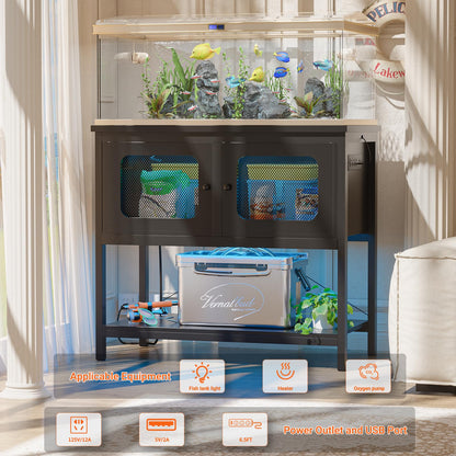 Hyomdeck 40 Gallon Fish Tank Stand with Magic Power Outlets and Smart LED Lights, Aquarium Stand with Storage Cabinet, Reptile Tank Stand with Unique Grid Door Design, Heavy Duty Metal Frame, - WoodArtSupply