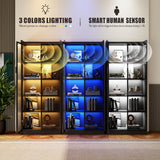 Display Cabinet with Doors and Adjustable Shelves, 65" Tall Bookcase with LED Lights/Human Sensor, 5 Tier Display Case for Collectibles Bedroom Living Room Office, Black - Smoked Black Door Dystler