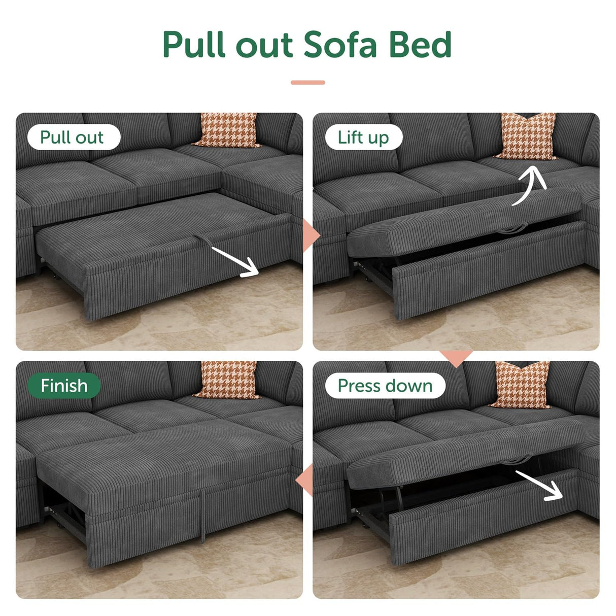 HONBAY Modular Sectional Sleeper Sofa with Pull Out Bed, Corduroy L Shaped Couch with Storage Seats, Convertible Sectional Couches for Living Room, Dark Grey HONBAY