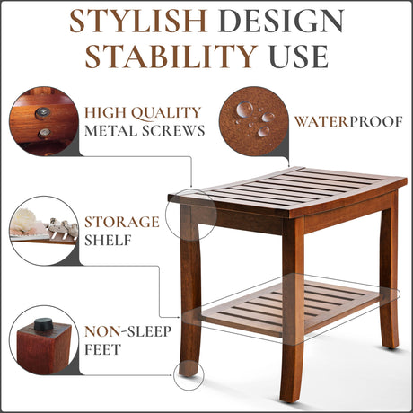 Teak shower bench with Storage Shelf, Teak Shower Stool for Inside Shower, Waterproof Shower Bench Seat, Shower Chair for Inside Shower, Wood Bench, Bathroom Bench, Wooden Stool for Adults Sitting Teak shower bench