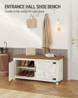 Hzuaneri Farmhouse Shoe Storage Bench, 2 Tier Shoe Bench with Padded Seat Cushion & 2 Barn Doors, Entryway Bench with Adjustable Shelf, Shoe Cabinet for Living Room, Bedroom, Antique White SB26614KA Hzuaneri