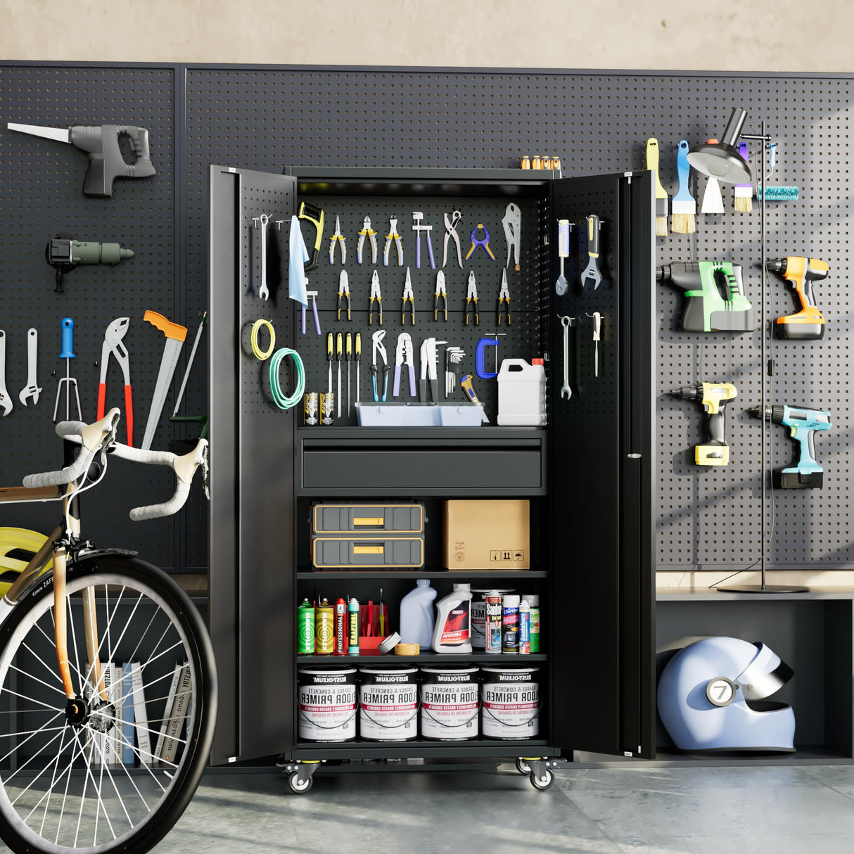 Reemoon 71" H*15" D*30" W Garage Storage Cabinet with Wheels and Doors,Lockable Metal Storage Cabinet with Pegboard Hooks and Drawer for Garage Warehouse Home,Required Assembly,Black Reemoon