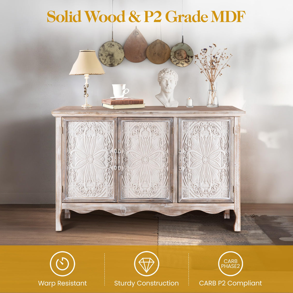 FansaFurn Accent Storage Cabinet with 3 Carved Doors and Shelves, Farmhouse Sideboard Buffet Sideboard with Storage, Wood Kitchen Cabinet for Living Room, Entryway, Dining Room and Kitchen, Wash Grey FansaFurn