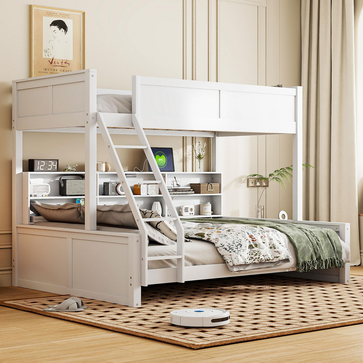 RuiSiSi Twin XL Over Queen Bunk Bed with Storage, Solid Wood Bunk Bed with Storage Cabinets and USB Ports for Kids Teens Adults, Safety Guardrail, No Box Spring Needed, Antique White RuiSiSi