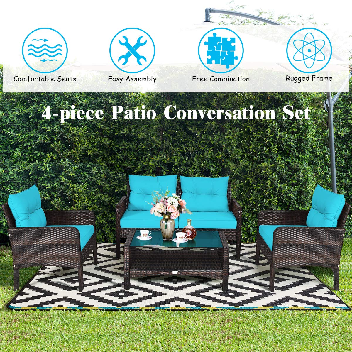 Tangkula 4 Piece Patio Furniture Set, Outdoor Wicker Conversation Set with Glass Top Coffee Table, All Weather Proof and Thick Cushions, Suitable for Porch, Garden, Poolside and Lawn (Turquoi - WoodArtSupply