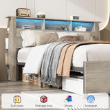 Fameill Queen Size Grey Wood Bed Frame with Smart Bookcase Headboard & LED Lighting Fameill
