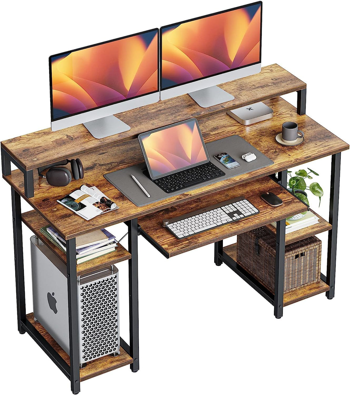 CubiCubi Computer Desk with Keyboard Tray, 47 Inch Office Desk with Monitor Stand and Storage Shelves, Music Studio Desk Workstation, Work Table for Home Office, Rustic Brown CubiCubi