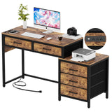 Unikito Computer Desk with 5 Drawers, Reversible Home Office Desk with Power Outlets, Sturdy Writing Desk with File Cabinet and Printer Stand, Vanity Desk with Storage for Small Space, Rustic Brown Unikito