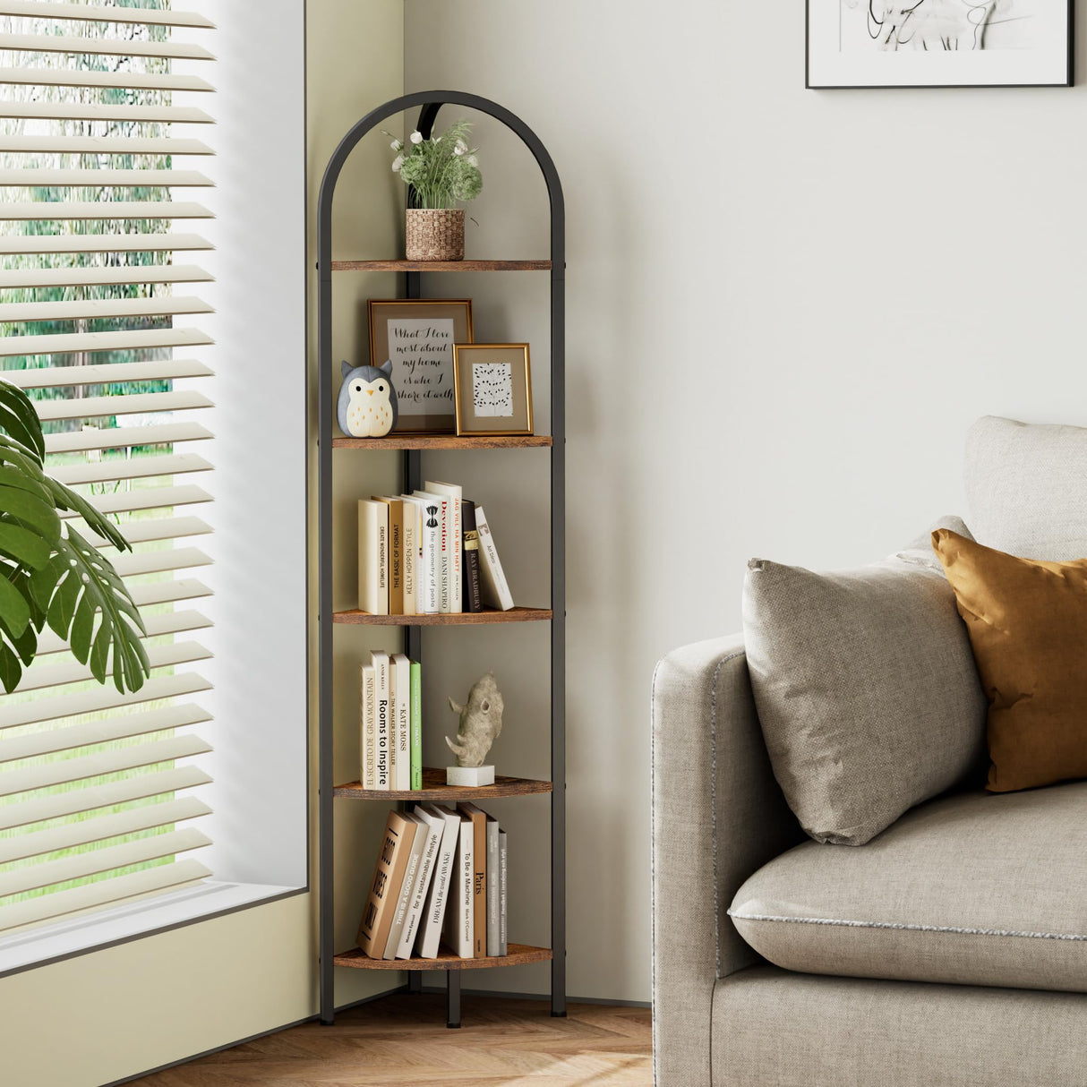 Homhedy 5-Tier Corner Shelf Stand, Wall Corner Bookshelf with Metal Frame, Bathroom Storage Rack Shelf, Plant Stand, Industrial Style,Rustic Brown and Black Homhedy