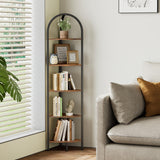 Homhedy 5-Tier Corner Shelf Stand, Wall Corner Bookshelf with Metal Frame, Bathroom Storage Rack Shelf, Plant Stand, Industrial Style,Rustic Brown and Black Homhedy