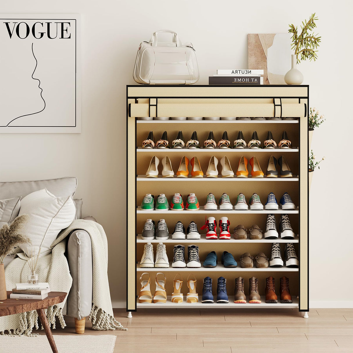 Calmootey 7 Tier Shoe Rack Organizer to Hold 35 Pairs, Portable Shoe Shelf with Nonwoven Fabric Cover for Closet Hallway, Bedroom, Entryway, Beige Calmootey