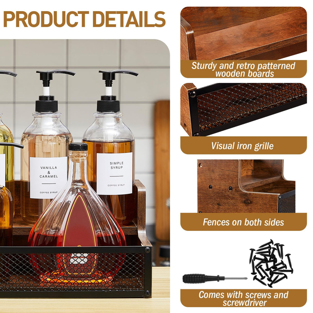 Menkxi Coffee Syrup Rack Liquor Bottle Display Shelf 6/12 Bottles Wood Liquor Shelf with Fences Liquor Cabinet for Liquor Whiskey Wine Coffee Syrup Display(2 Tier) Menkxi