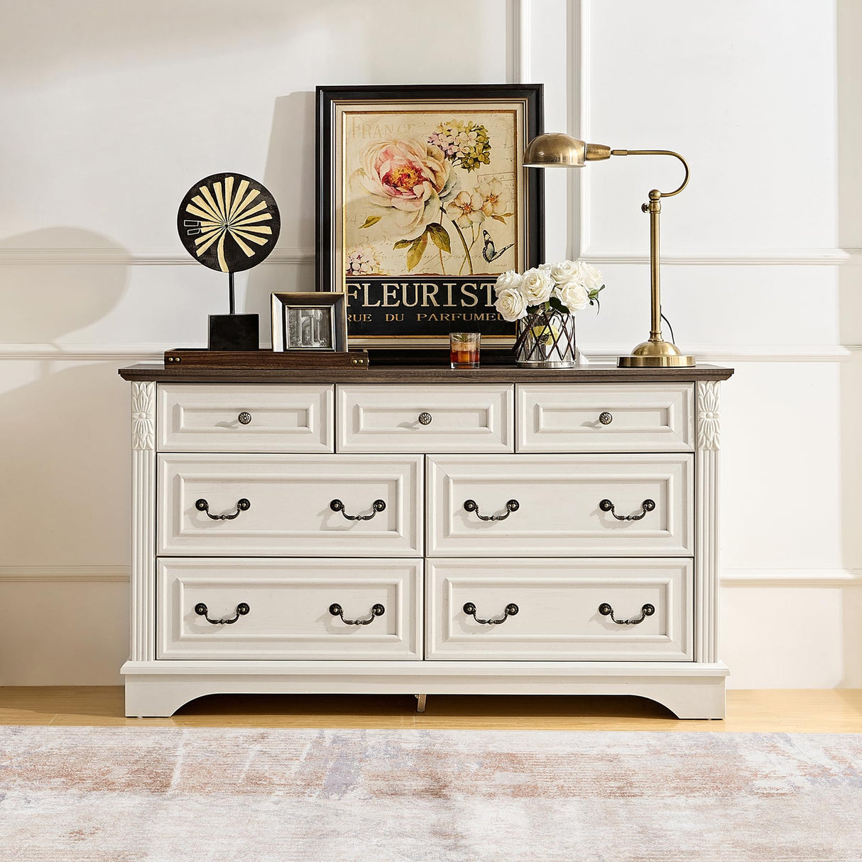 BOSHIRO 7 Drawers Dresser, Farmhouse Dressers for Bedroom, 54" Wide Wood Rustic Chest of Drawers with Carved Pilasters, Storage Organizer, Living Room, Hallway, Antique White BOSHIRO