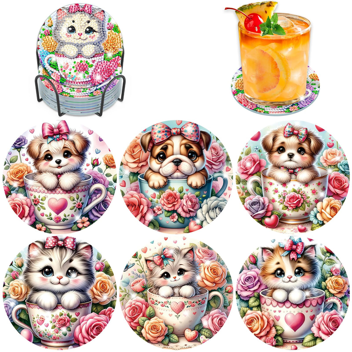 Bowetile 6PCS Flowers Diamond Art Painting Coasters Kit with Holder, Cat Diamond Art Kits for Adults Beginners, Dog Gem Art Kits for Adults, Arts and Crafts Kits for Adults for Home Decor Bowetile